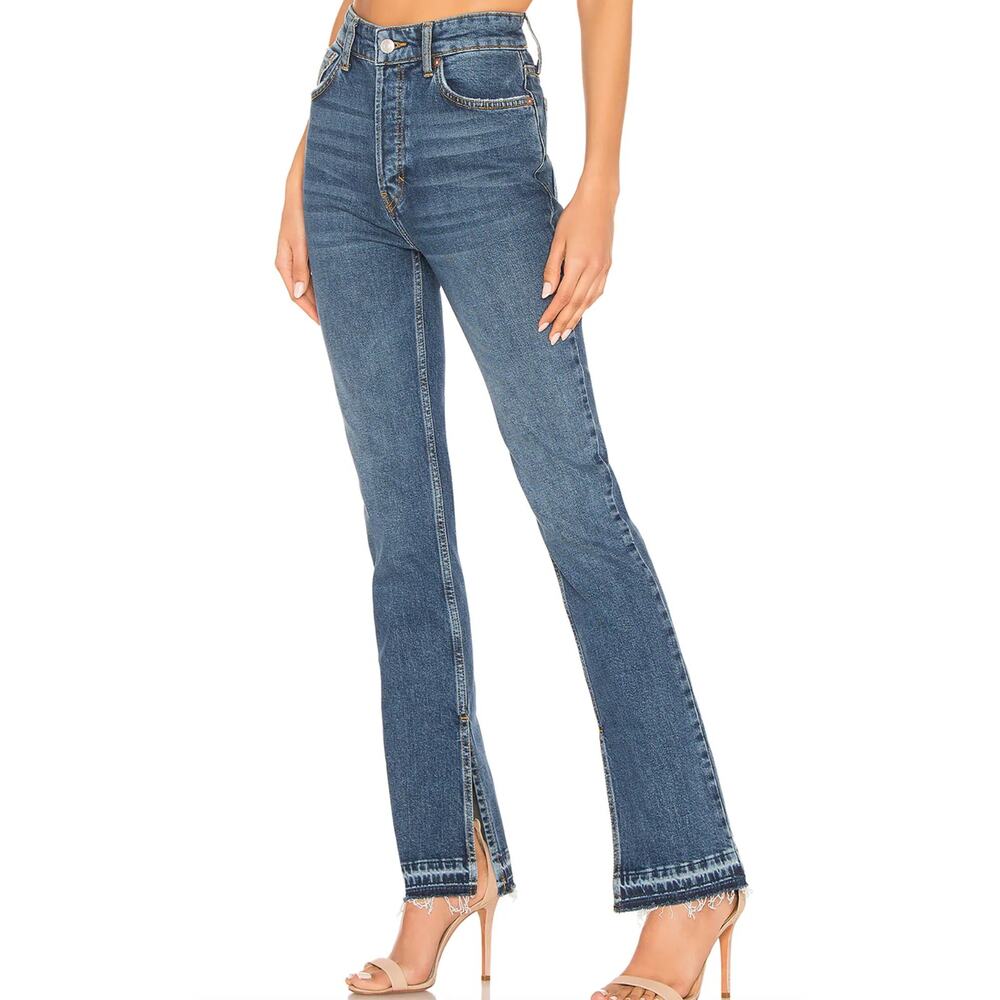 Free People Blue High-Rise Bootcut Jeans with Front Hem Slit